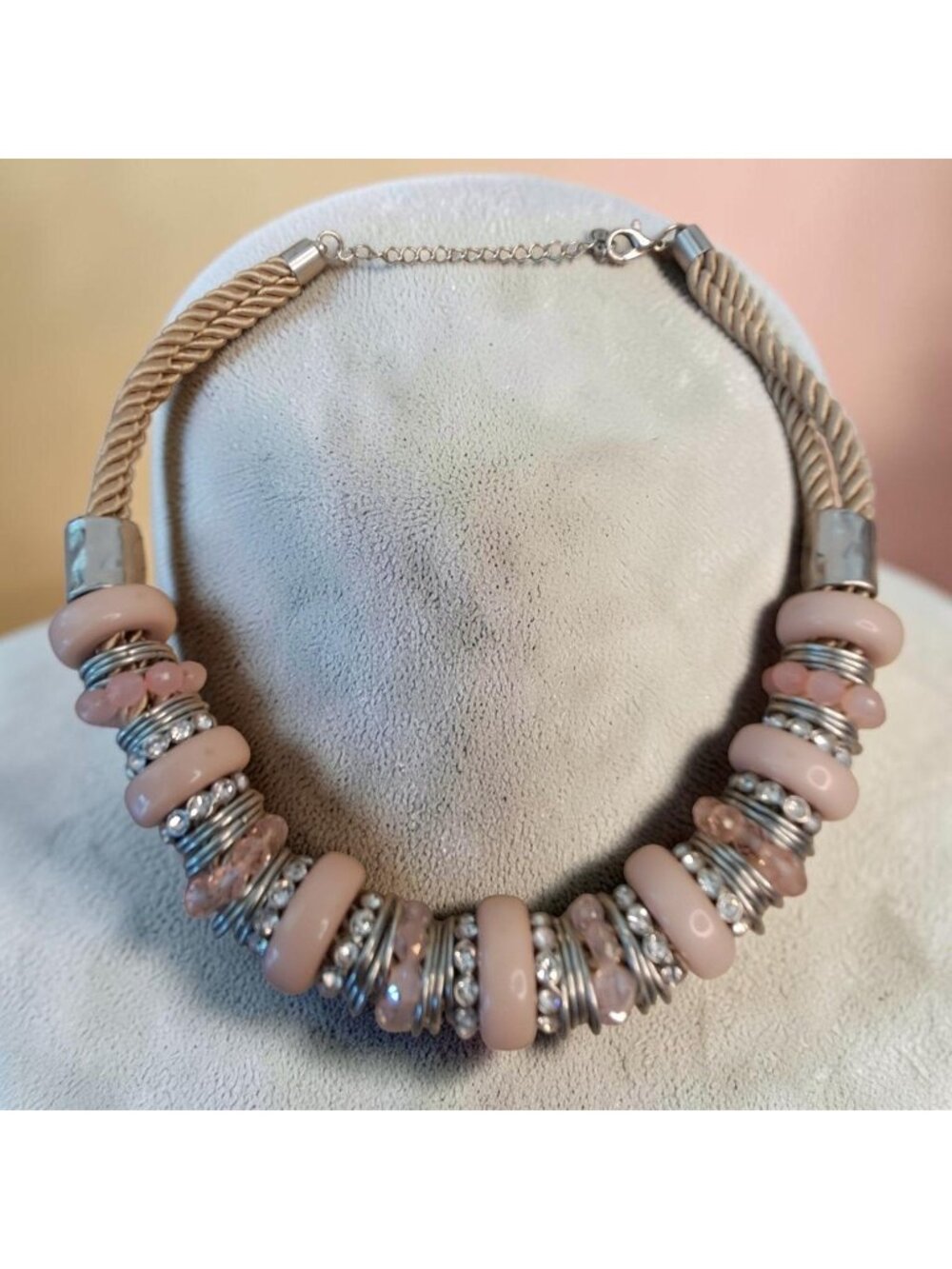 Vintage Gold Tone Rope & Peach Bead Statement Necklace Gift